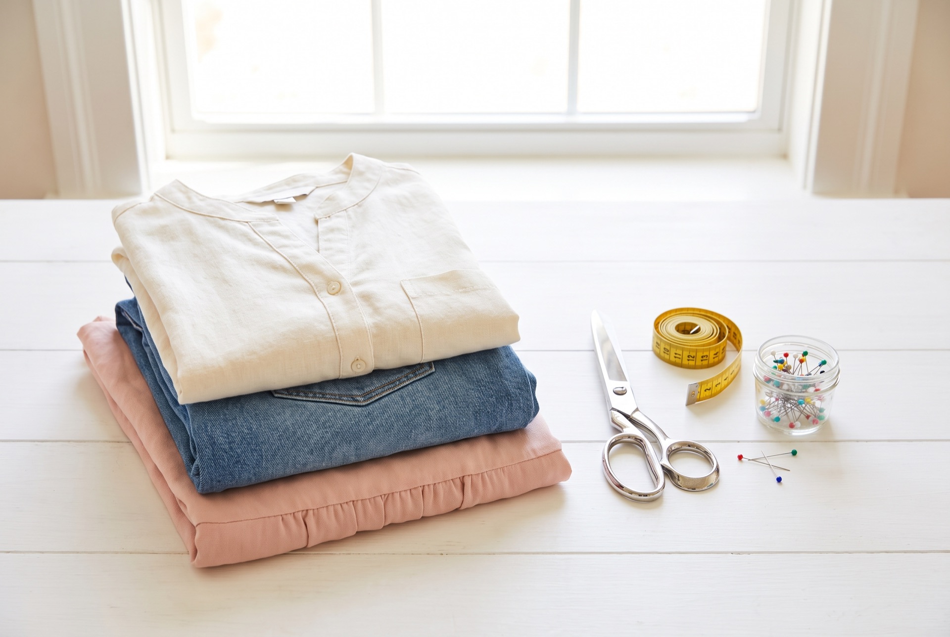 Flat lay of neatly folded freshly altered garments
