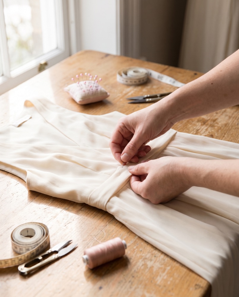 Hands pinning a hem on a flowing dress