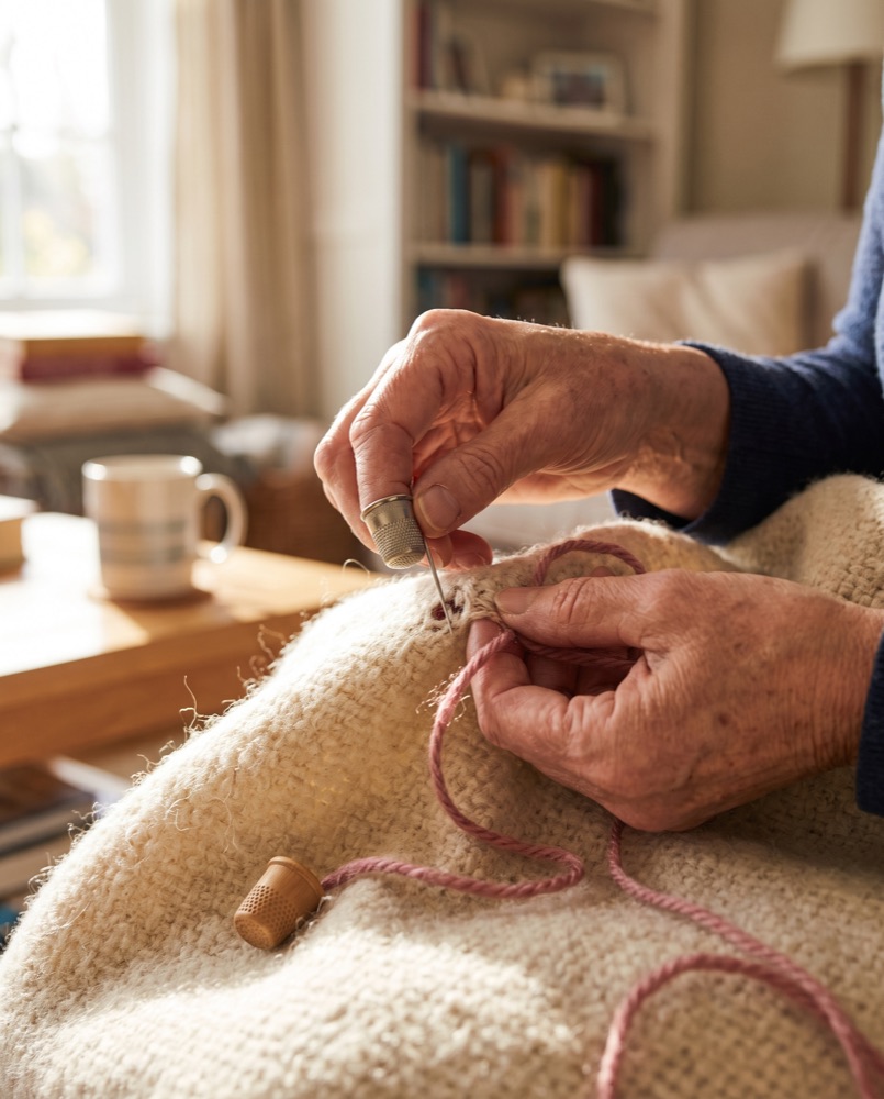 Hands mending a small tear in soft knit fabric