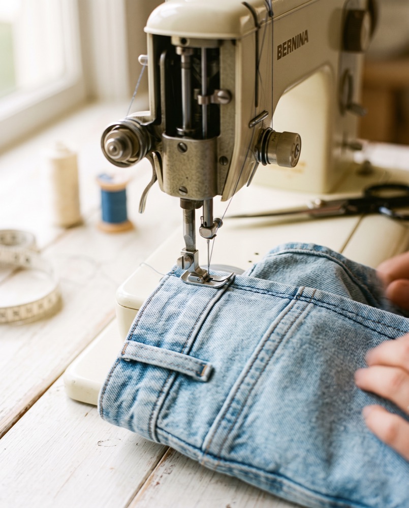 Sewing machine stitching the waistband of denim jeans