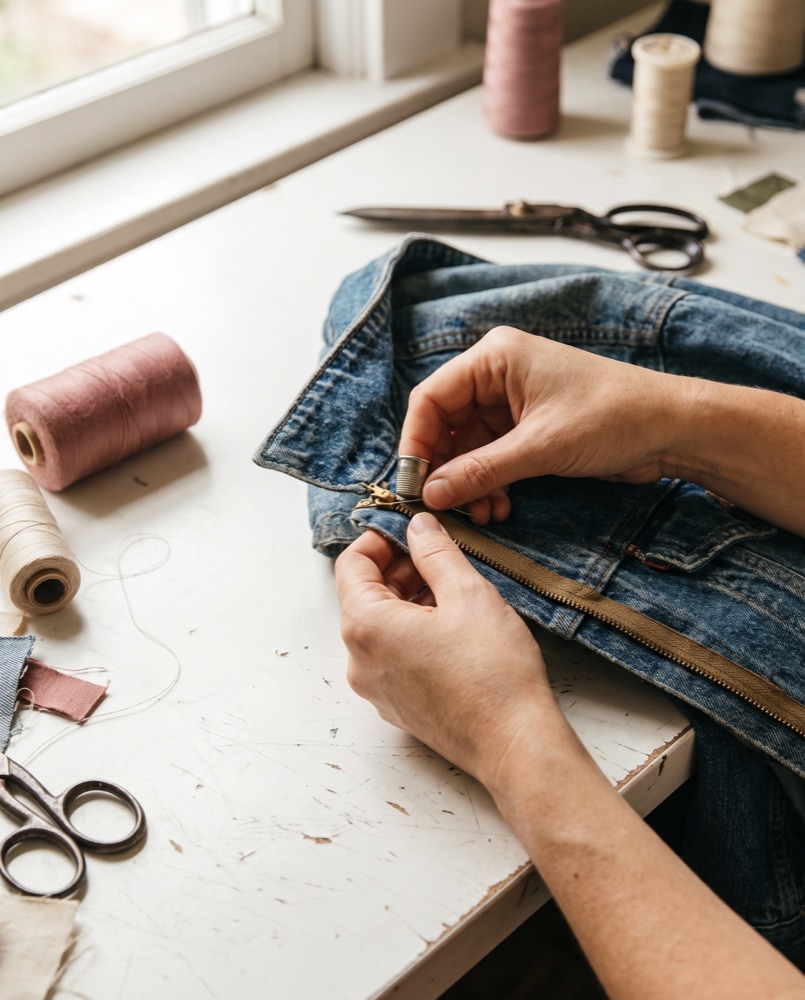 Hands installing a new zipper into a denim jacket