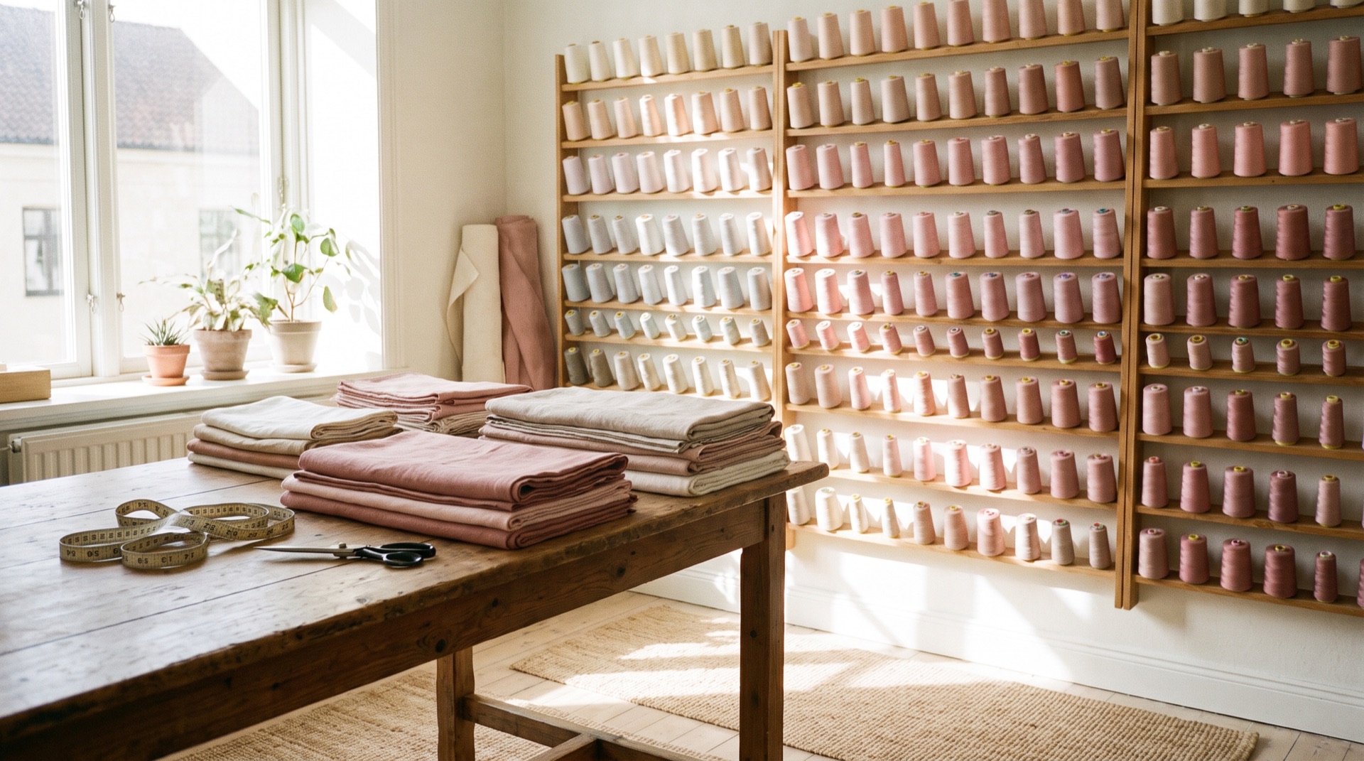 Bright sunlit tailoring workshop with pastel thread spools